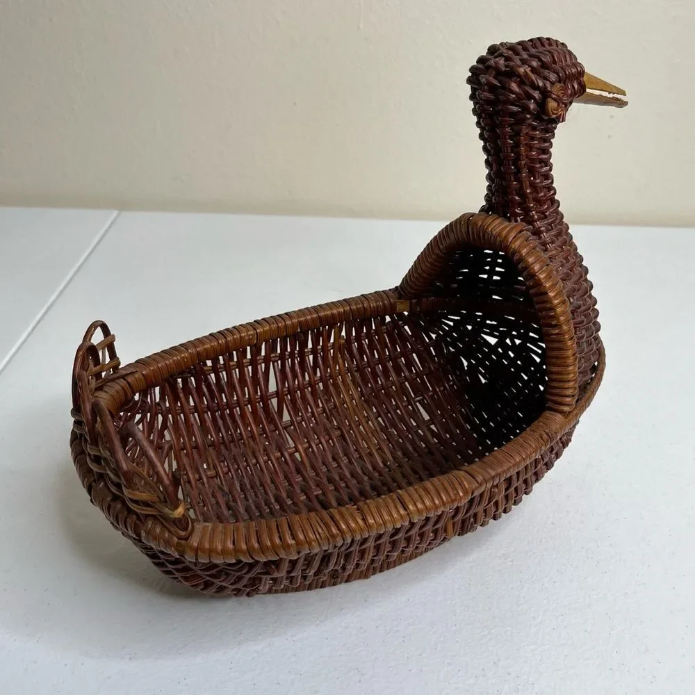 Vintage Brown Rattan Wicker Duck Basket Woven Wood Bird Farmhouse Decor Boho